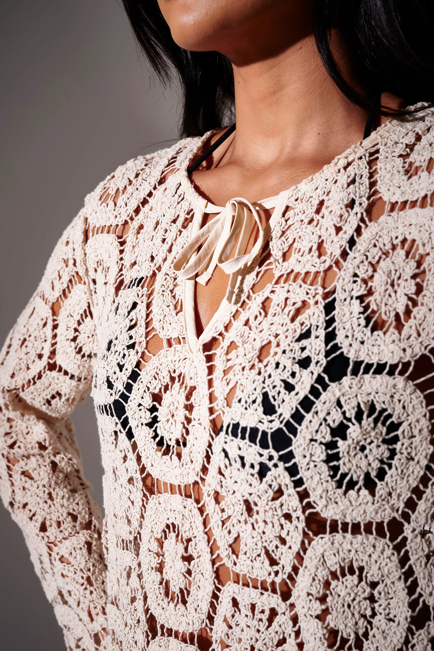 Edie Crochet Mini Dress in Beige - Image 4