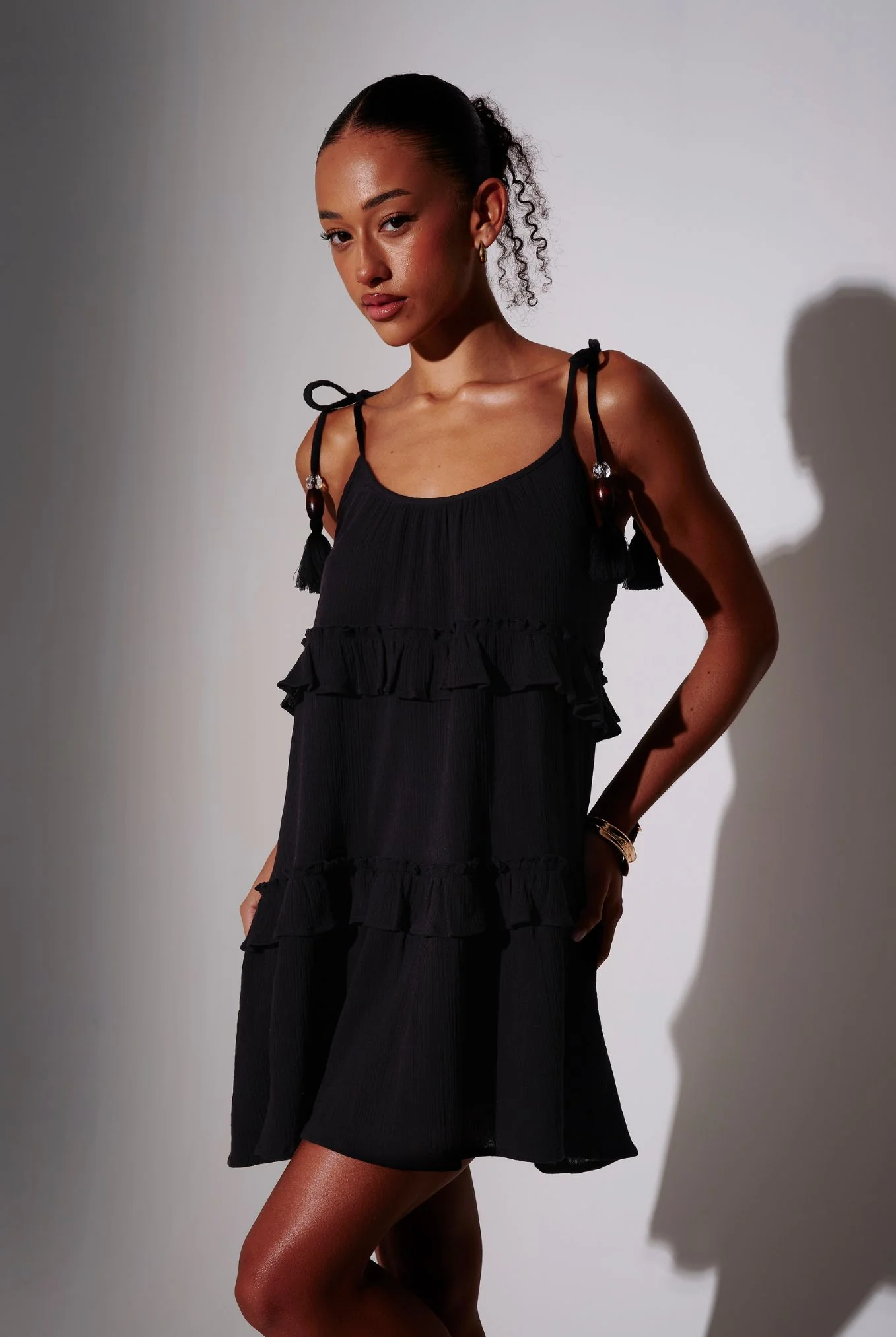 Playa Tiered Cotton Mini Dress in Black - Image 3