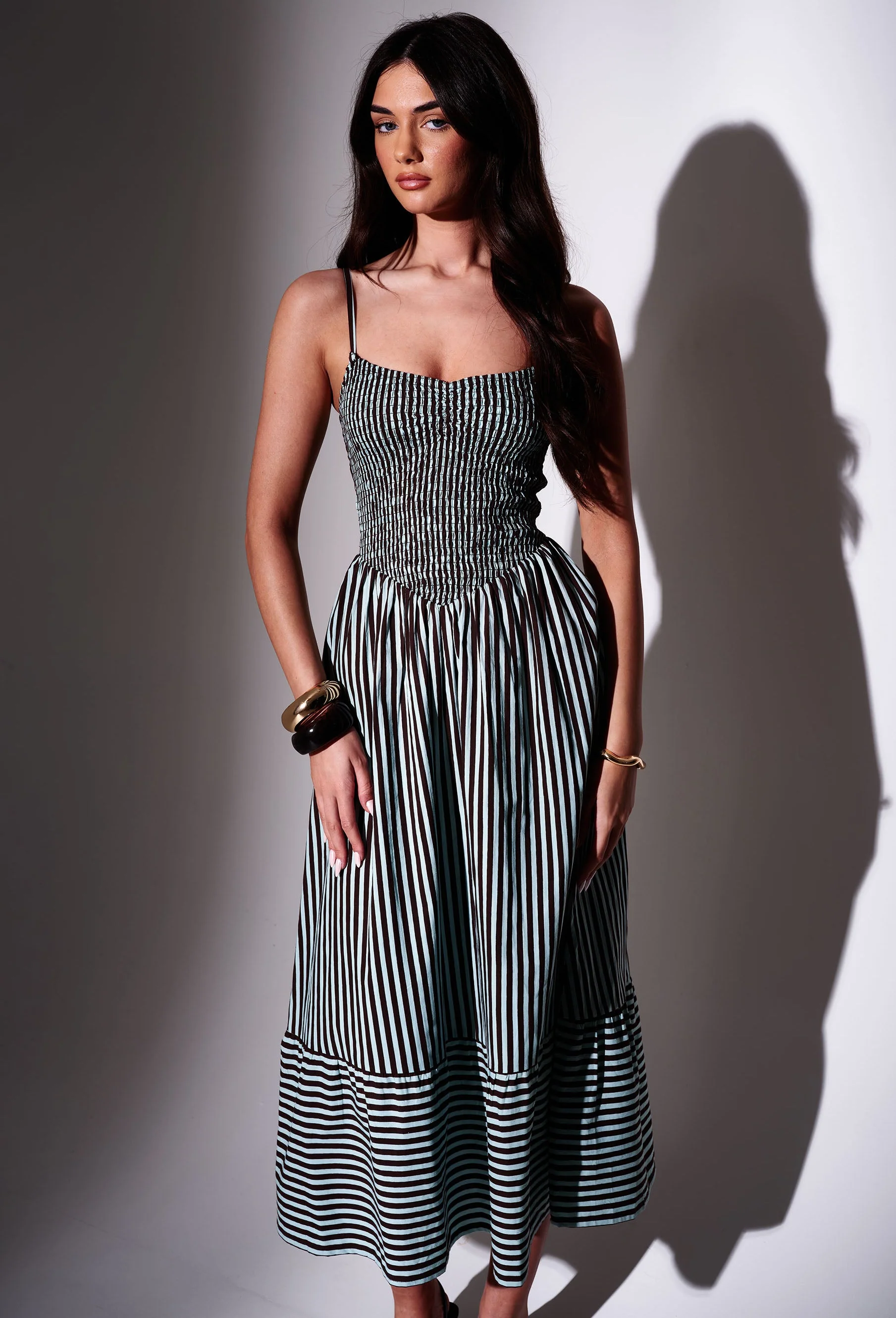 Eden Striped Smocked Waist Maxi Dress in Blue & Chocolate - Image 4