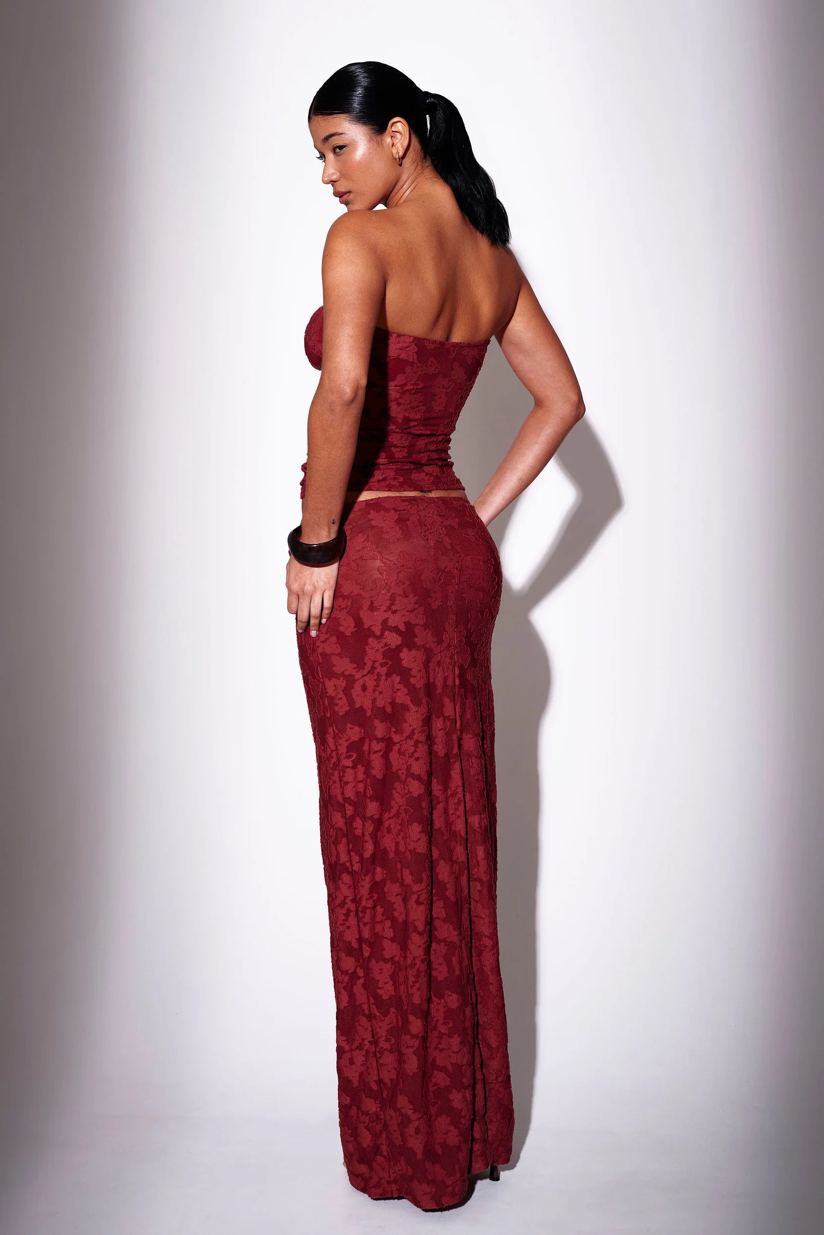 Phoenix Ring Detail Maxi Skirt in Burgundy - Image 4