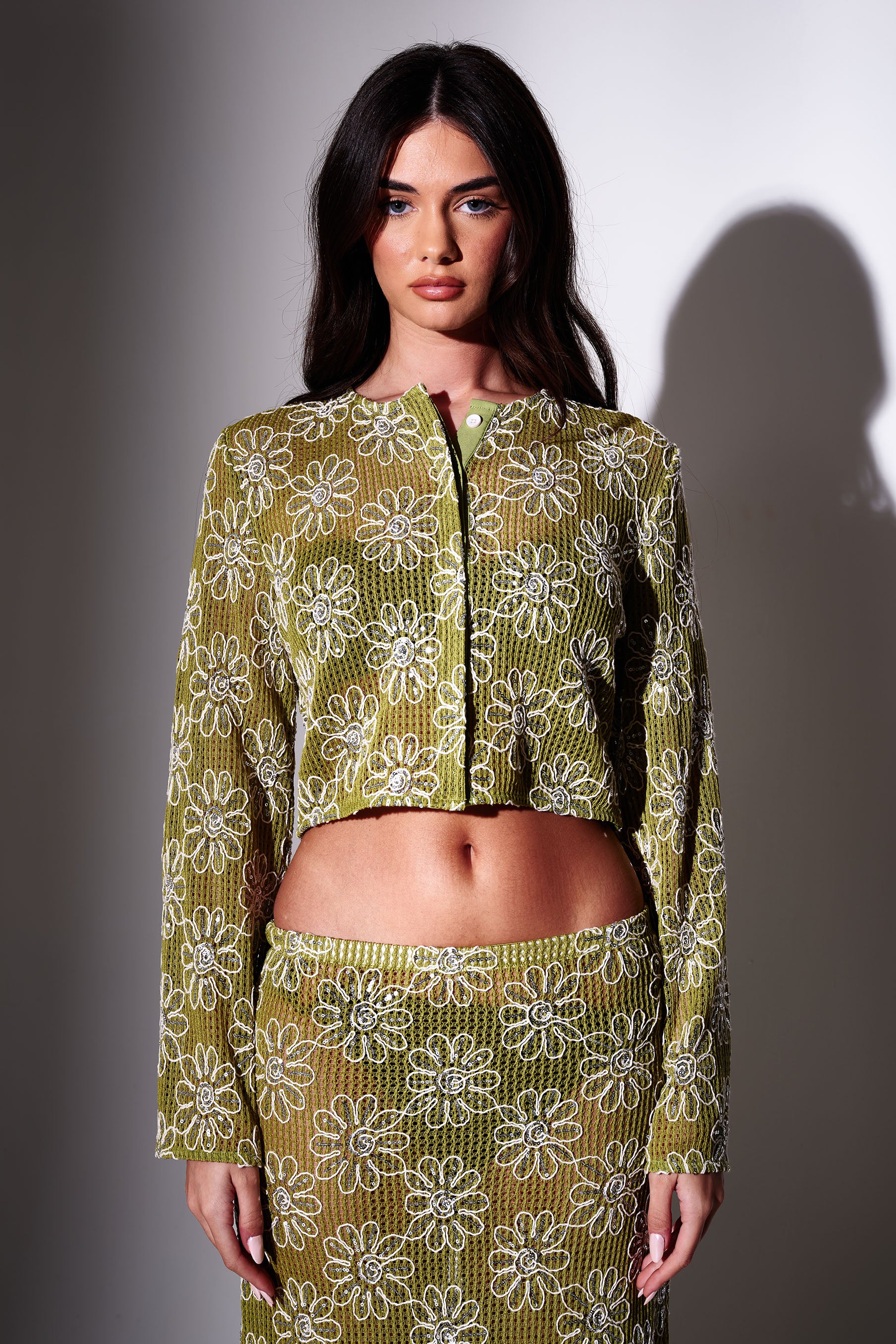 Clover Crochet Floral Button-Up Top in Green