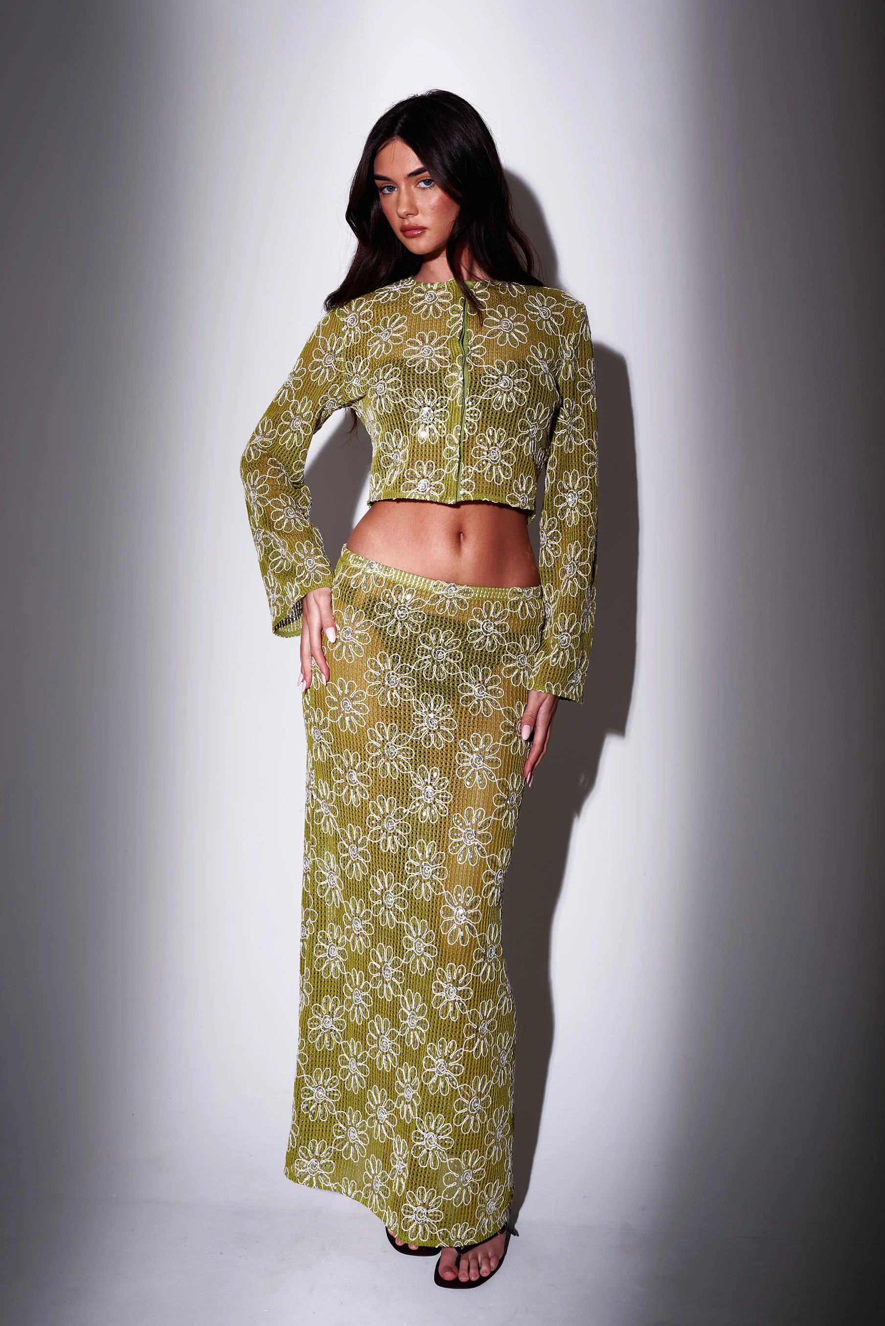 Clover Crochet Floral Button-Up Top in Green - Image 2
