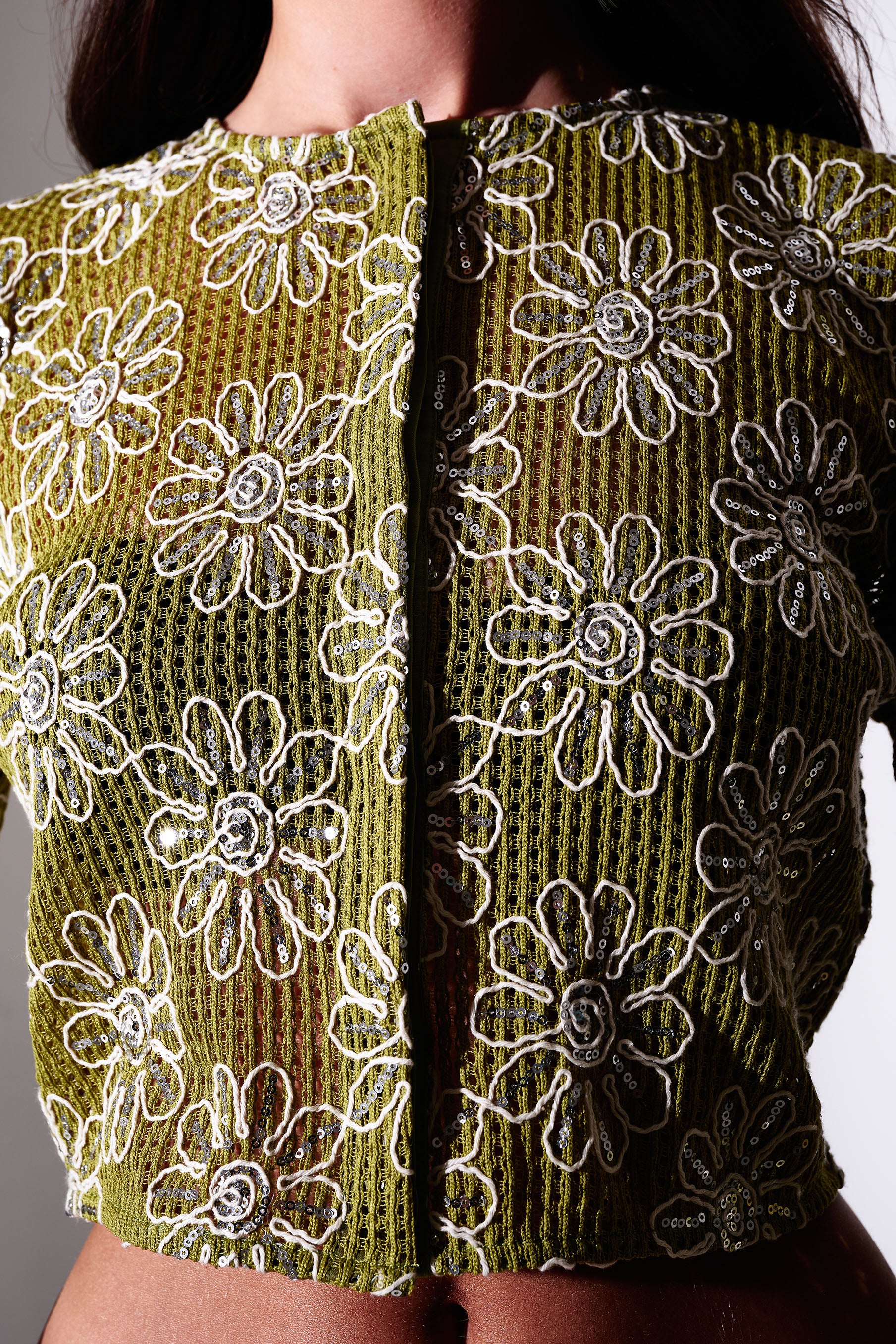 Clover Crochet Floral Button-Up Top in Green - Image 3