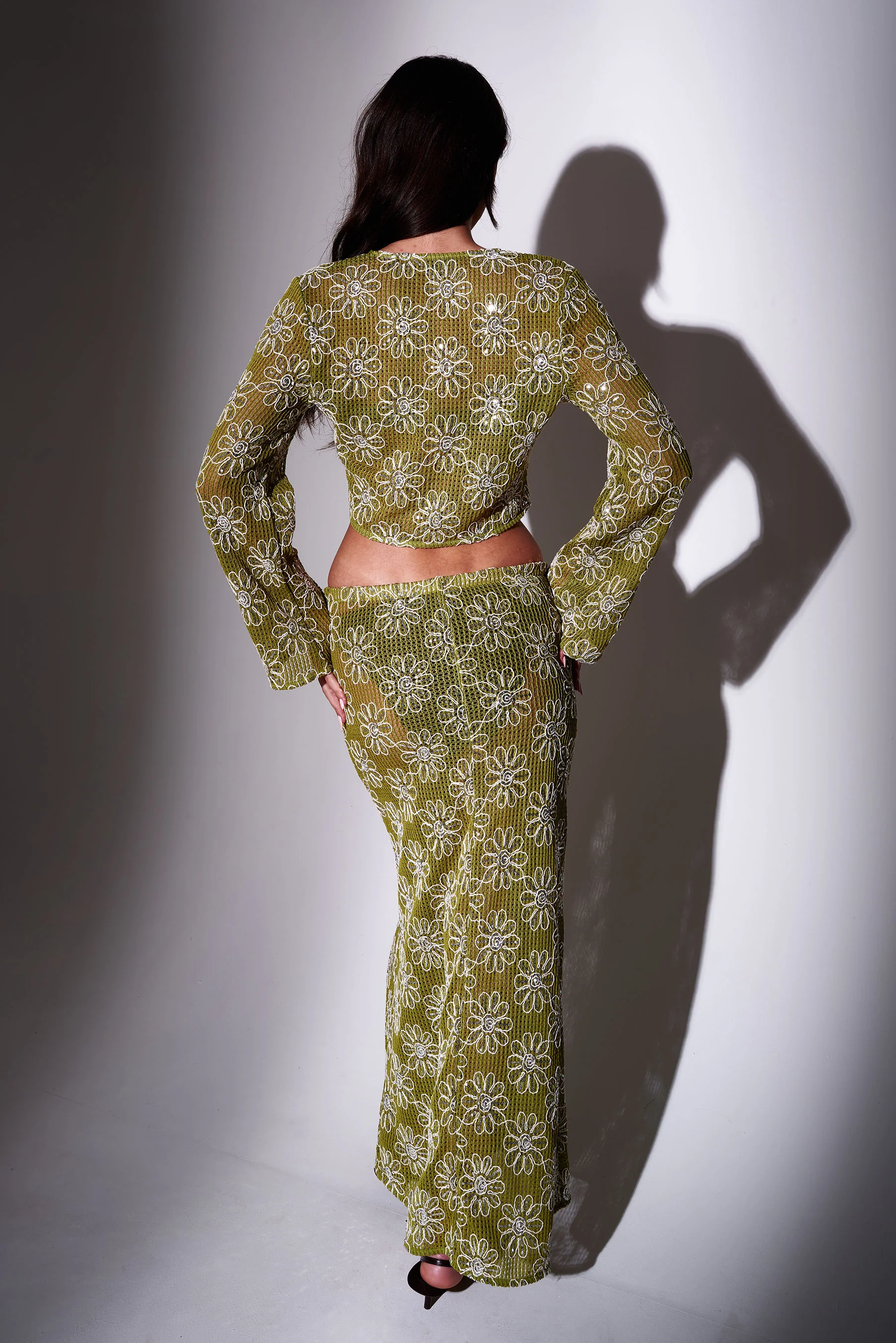 Clover Crochet Floral Button-Up Top in Green - Image 5