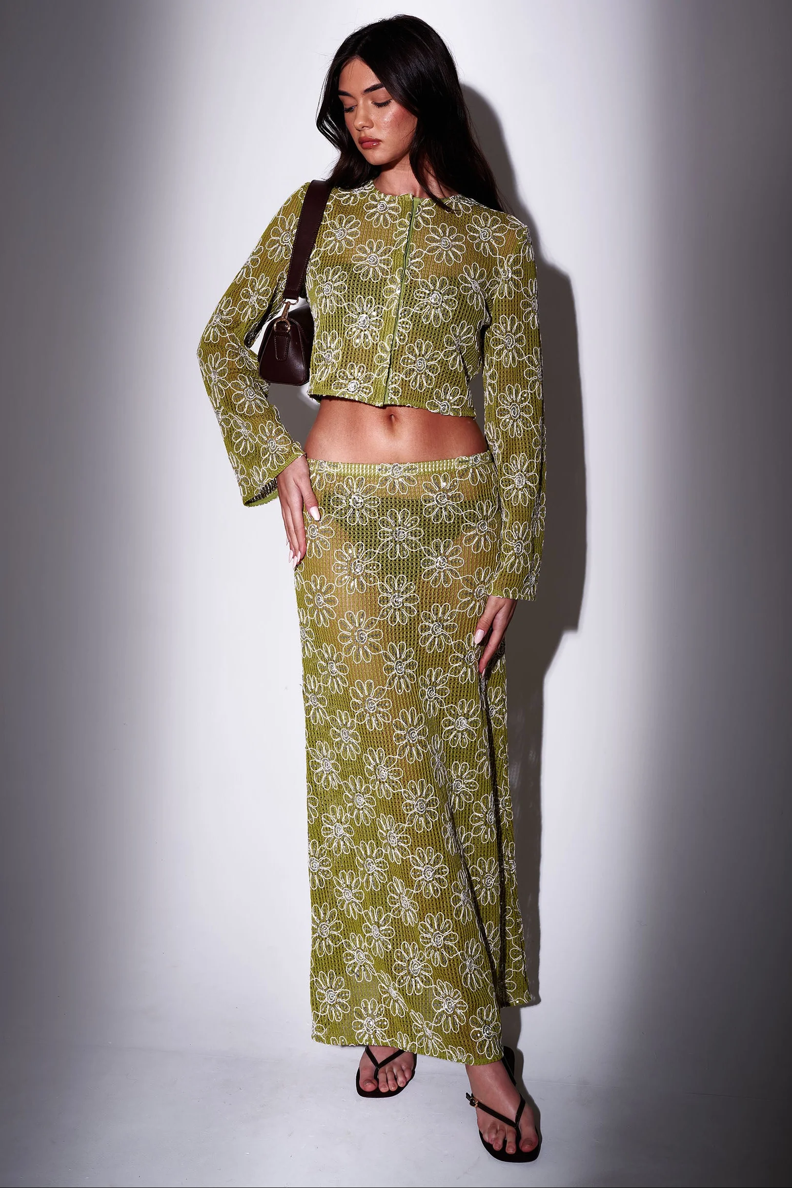 Juniper Crochet Floral Maxi Skirt in Green