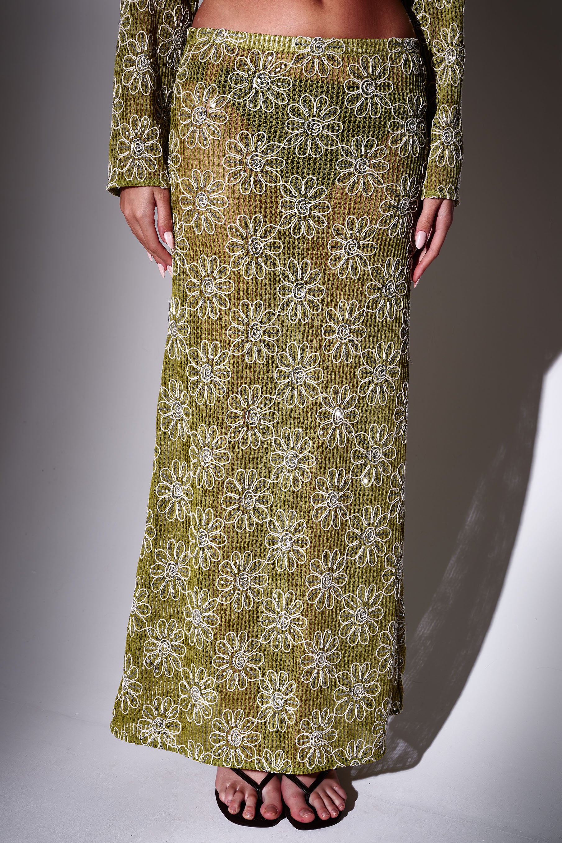 Juniper Crochet Floral Maxi Skirt in Green - Image 2