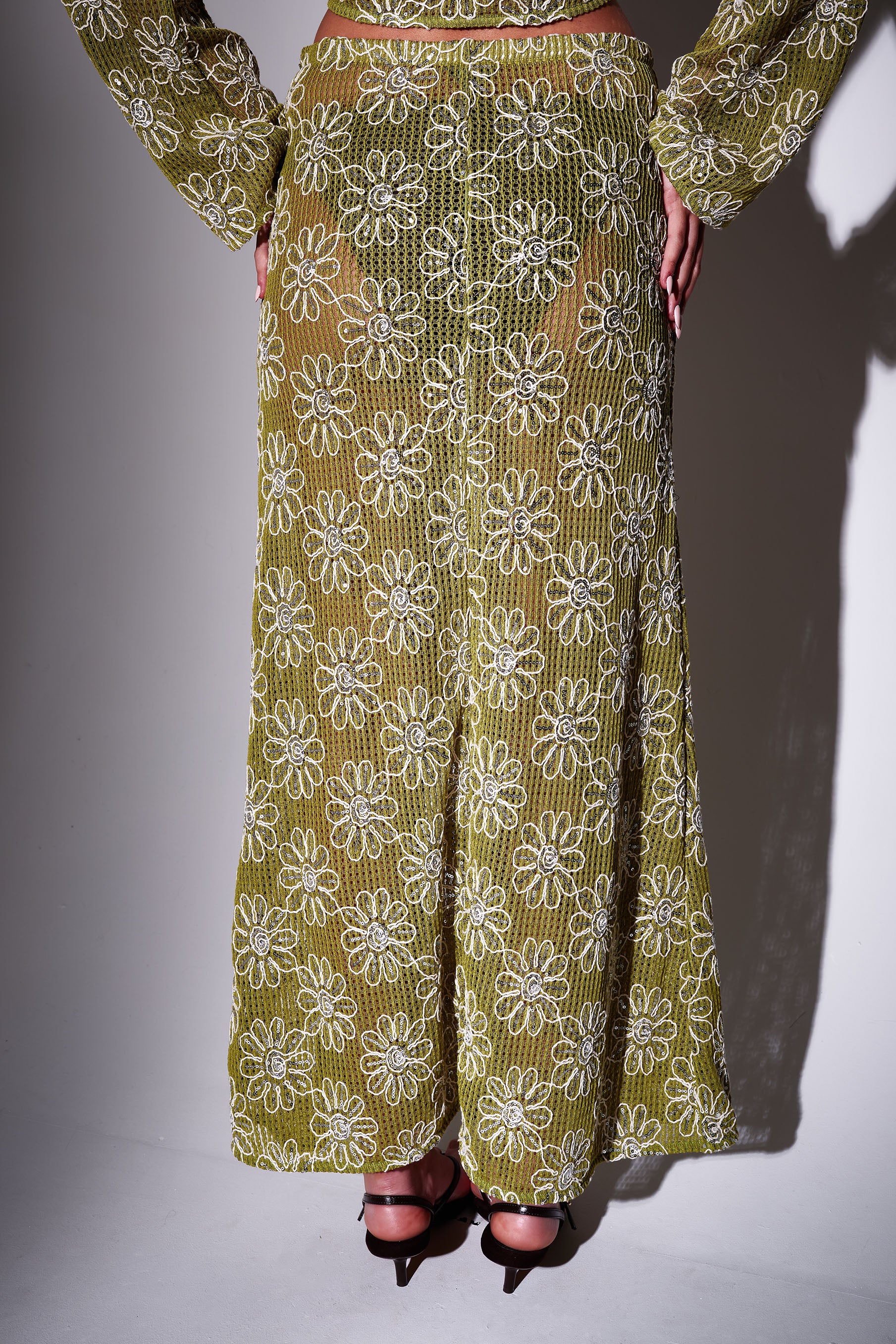 Juniper Crochet Floral Maxi Skirt in Green - Image 3