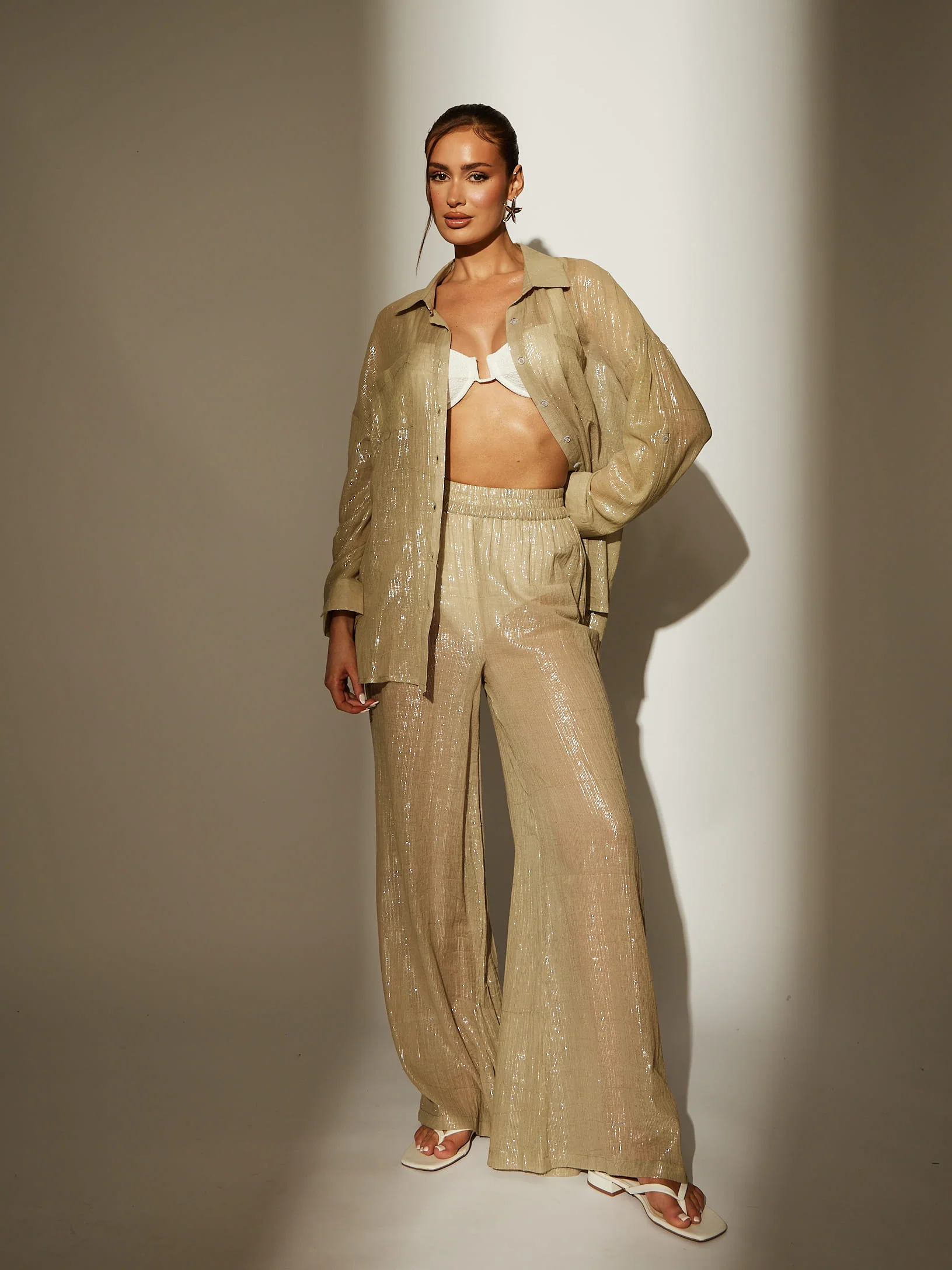 Flow Khaki Metallic Wide Leg Sheer Beach Pant