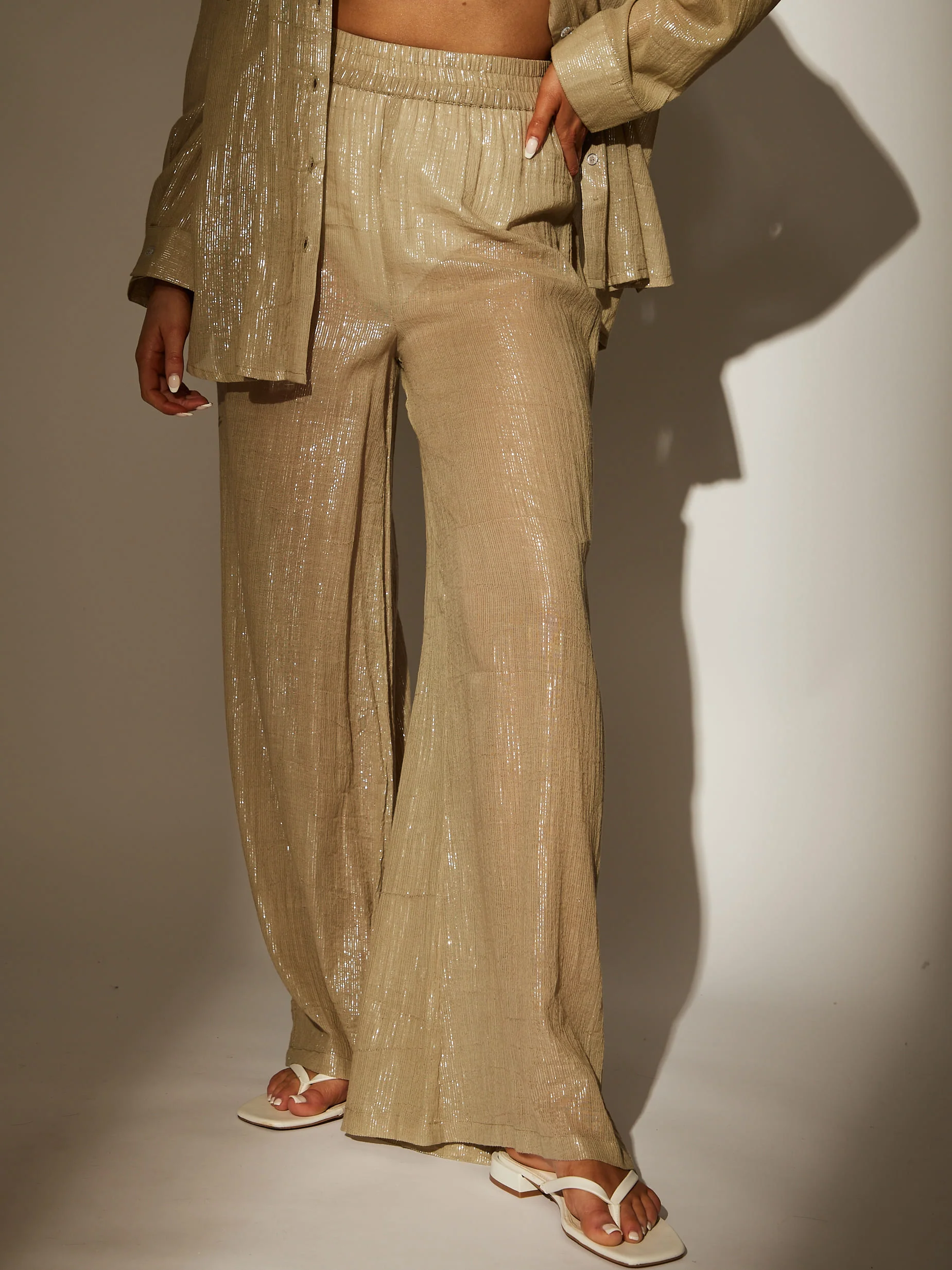 Flow Khaki Metallic Wide Leg Sheer Beach Pant - Image 3
