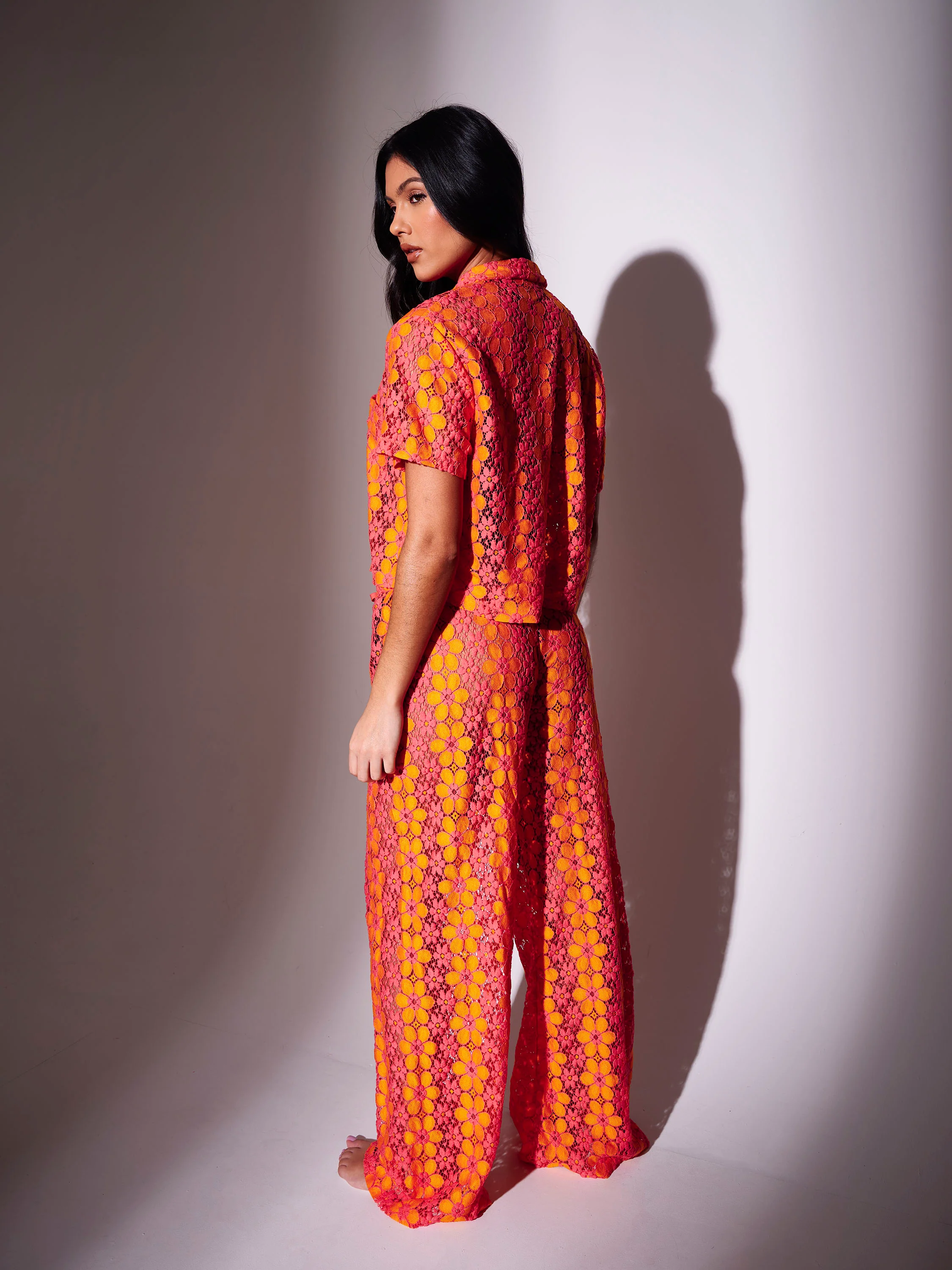 Selena Floral Crochet Wide Leg Trousers in Pink - Image 6