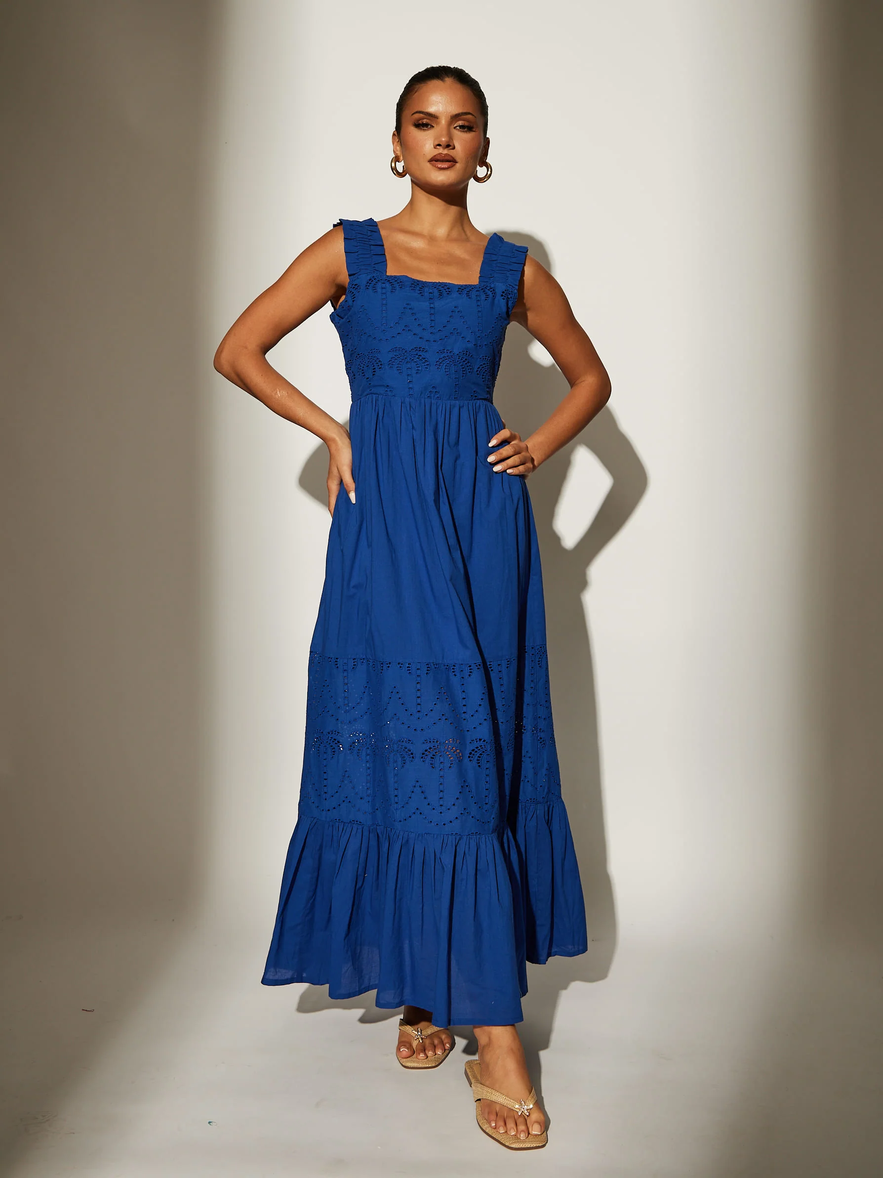 Palm Broderie Tie Back Maxi Dress in Cobalt Blue