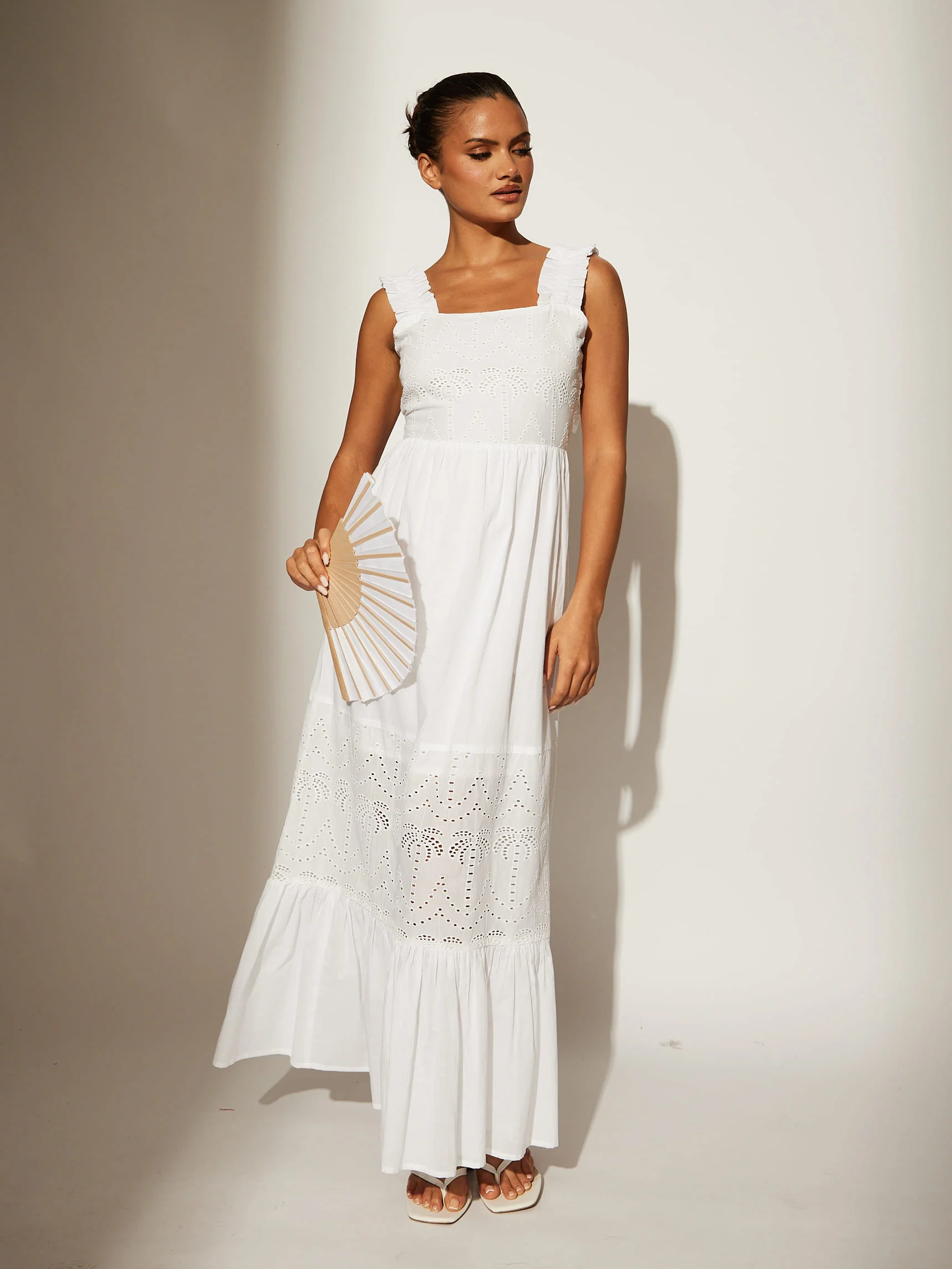 Palm Broderie Tie Back Maxi Dress in White - Image 4