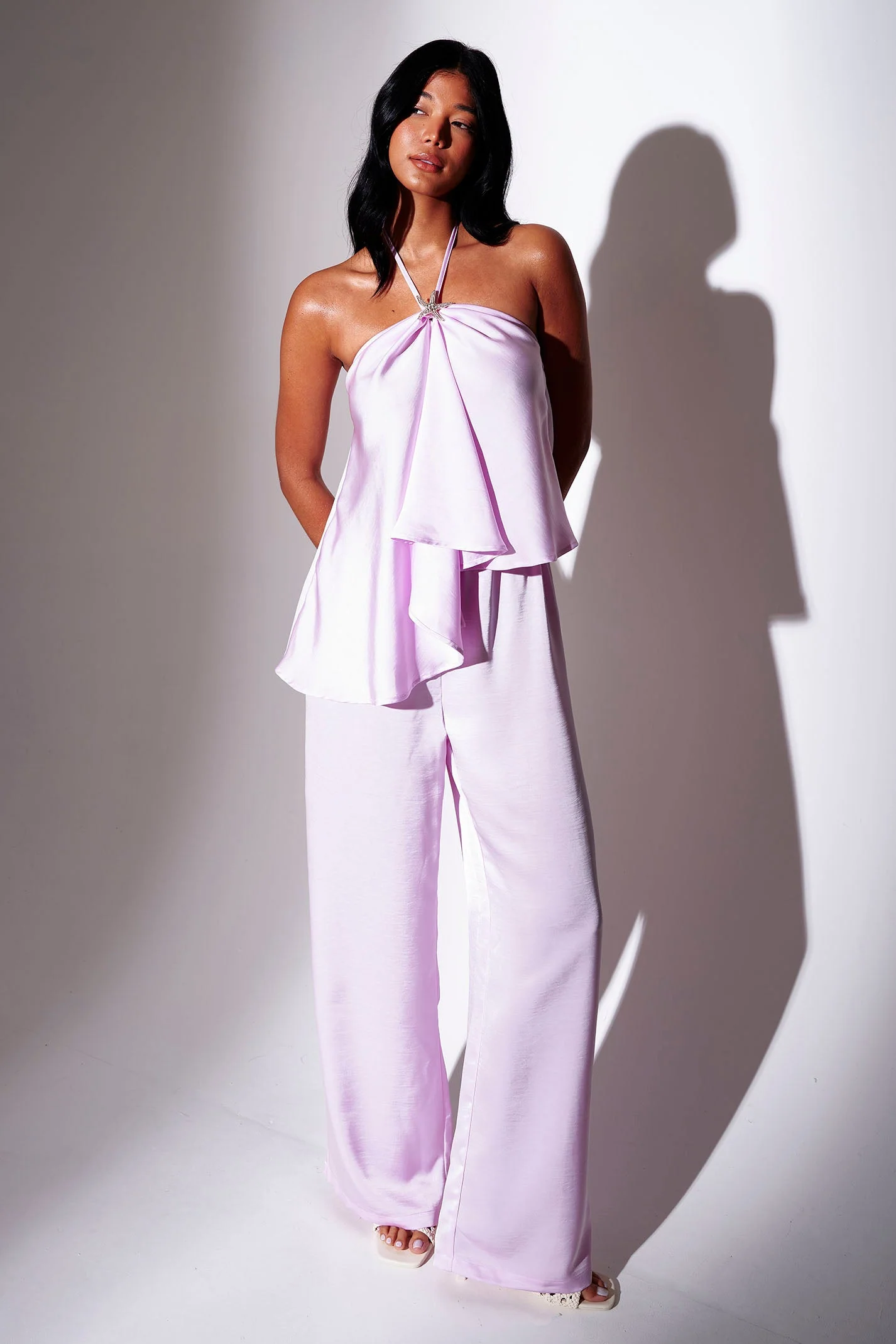 Monaco Satin Wide Leg Trousers in Pink - Image 2