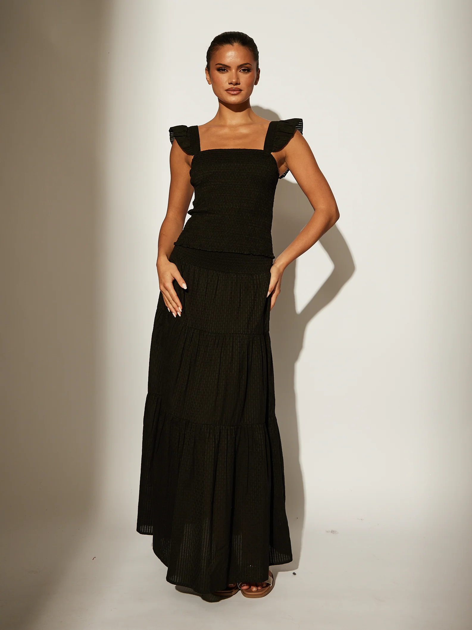 Shirred Waist Maxi Skirt in Black - Image 2