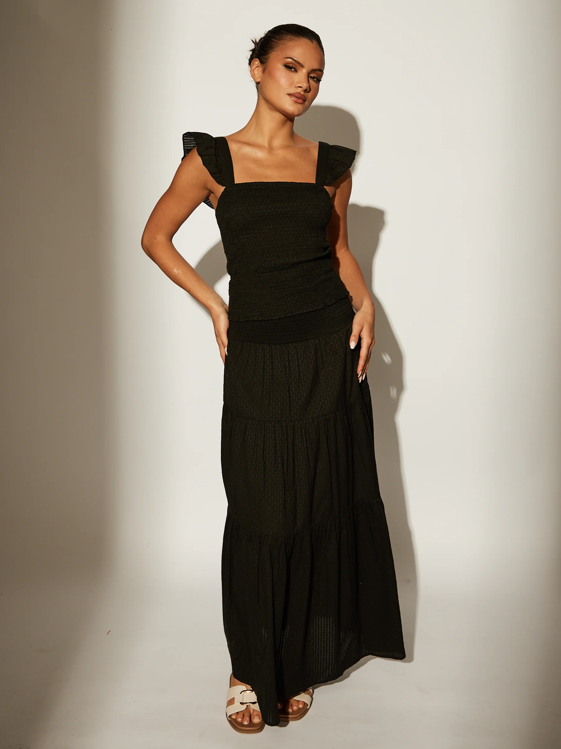 Shirred Waist Maxi Skirt in Black - Image 3