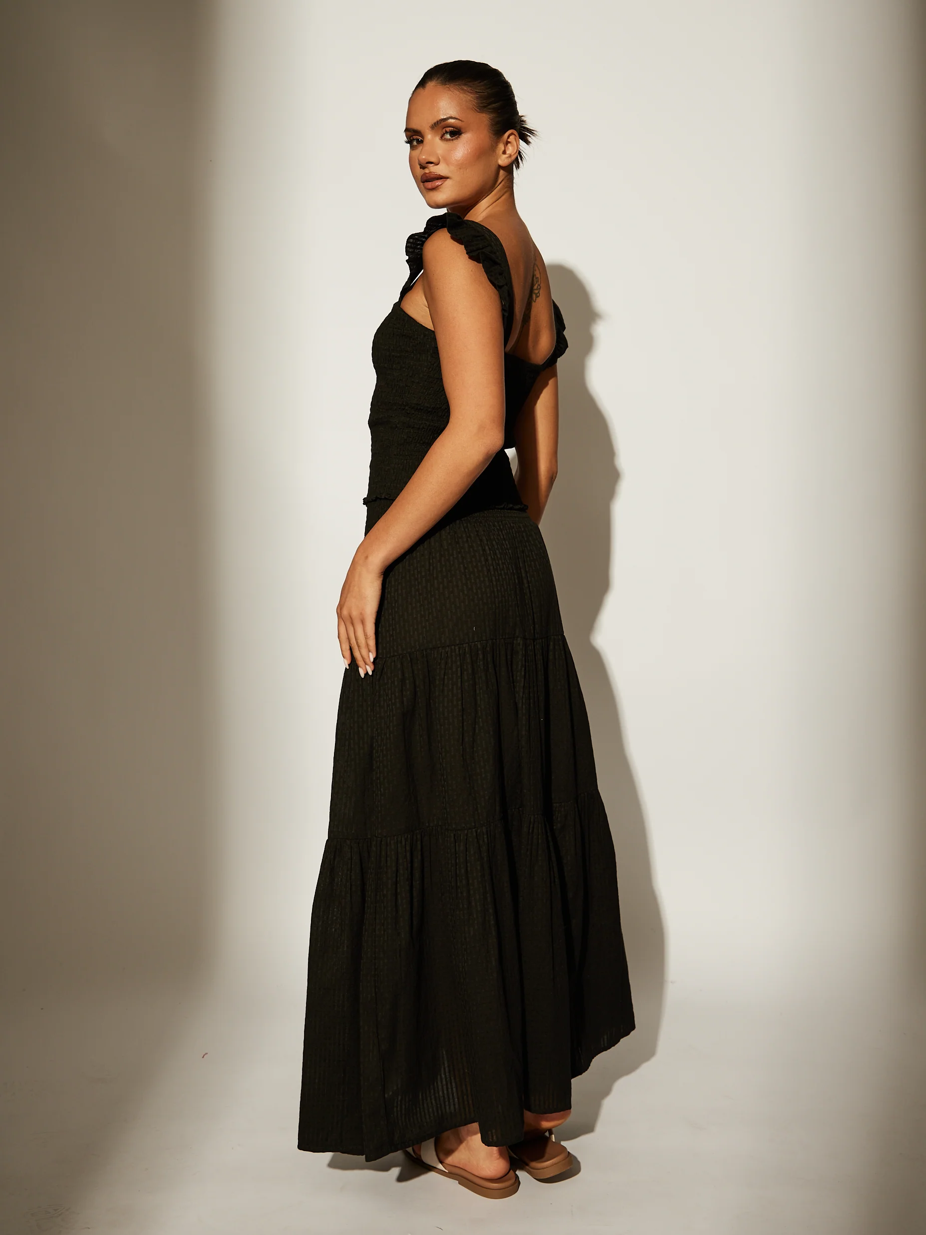 Shirred Waist Maxi Skirt in Black - Image 4