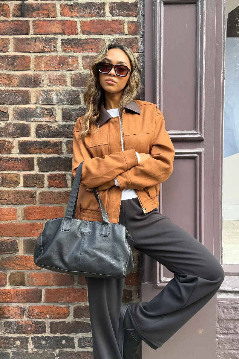 Elm Faux Suede Bomber With Pu Trim in Tan