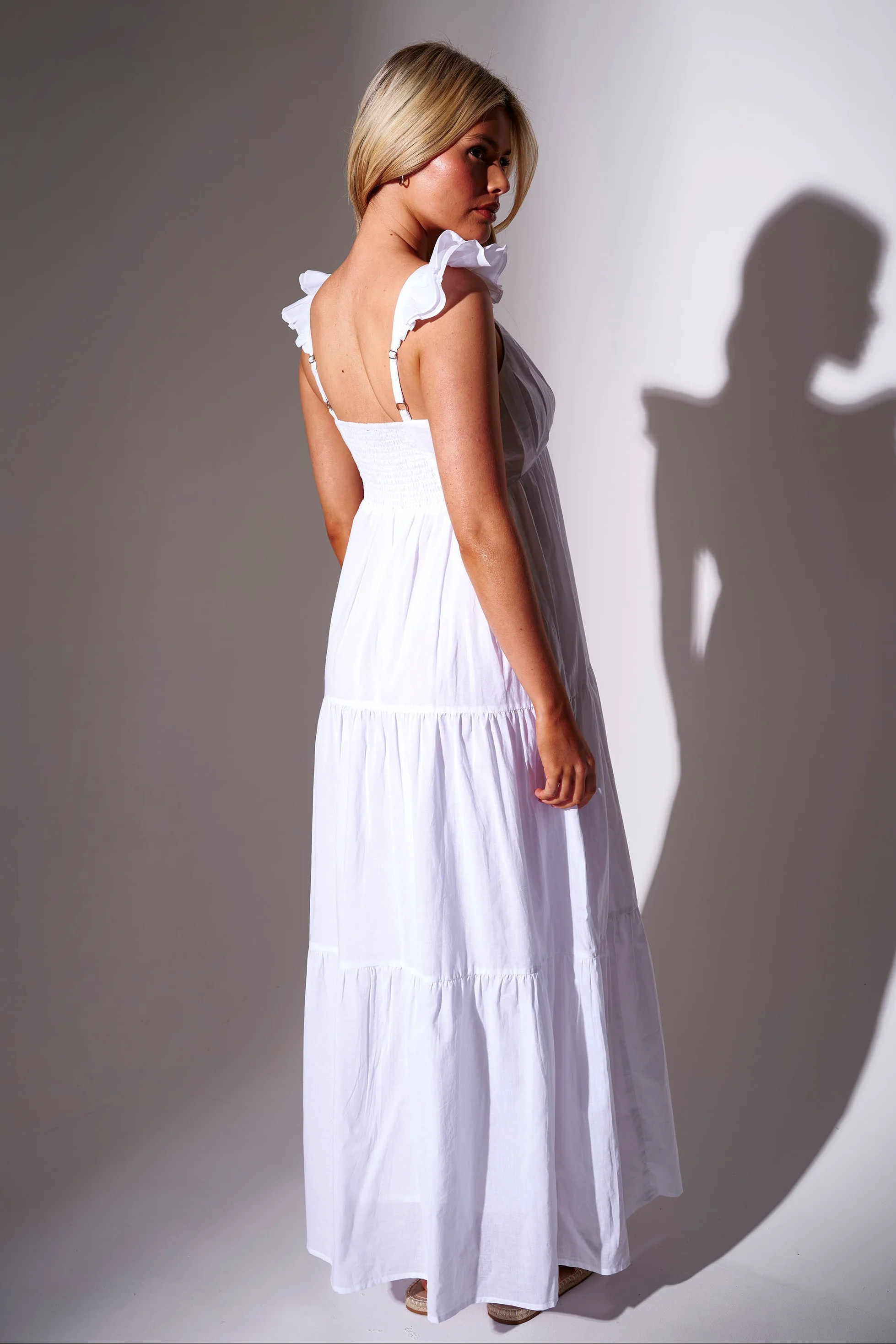 Frill Cotton Maxi Dress in White - Image 4